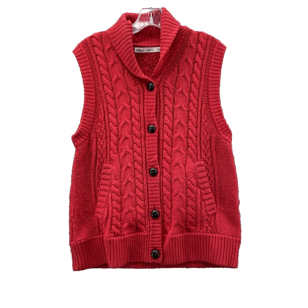 Woolrich Cable Knit Sweater Vest Women Med Petite Chunky LambWool Cabin Academia